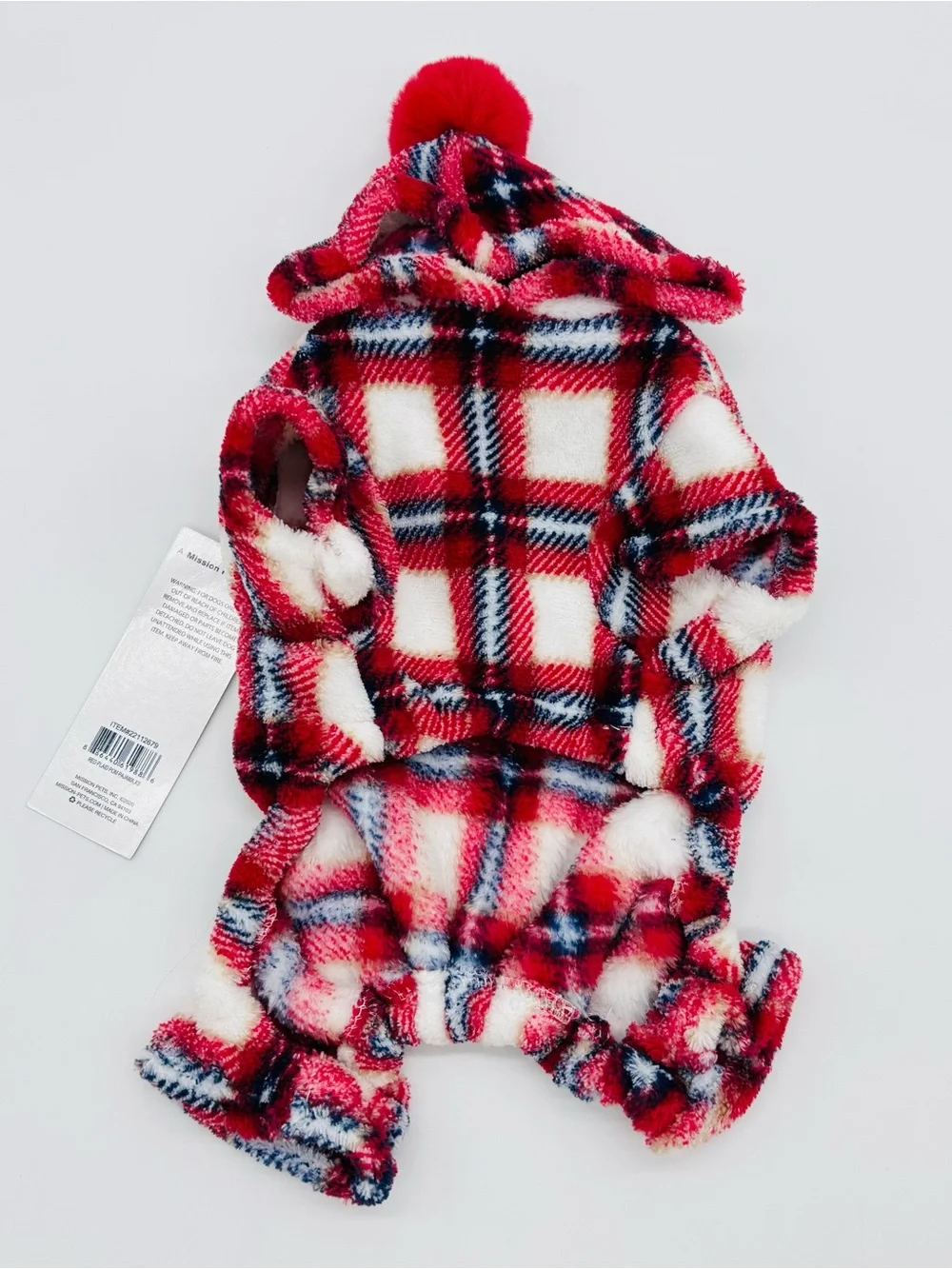 Wag A Tude Dog Pajamas XS Red Plaid Plush Hooded Pom Pom Pet Fleece Sleeper NWT